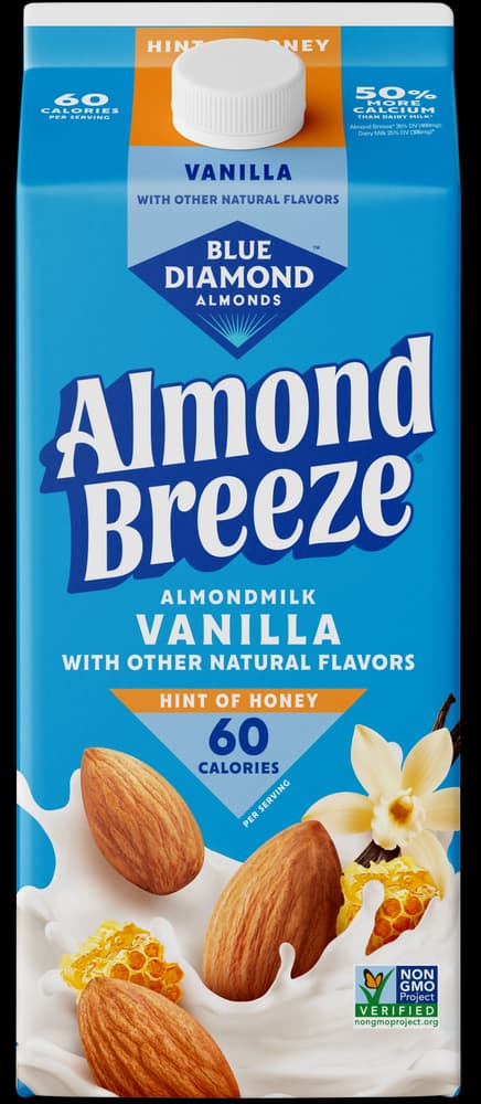 Carton of Blue Diamond Almond Breeze Vanilla Hint of Honey almondmilk.