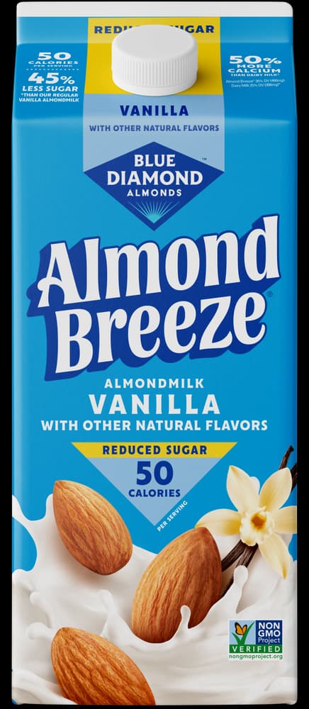 Carton of Blue Diamond Almond Breeze Vanilla Reduced Sugar almond milk.