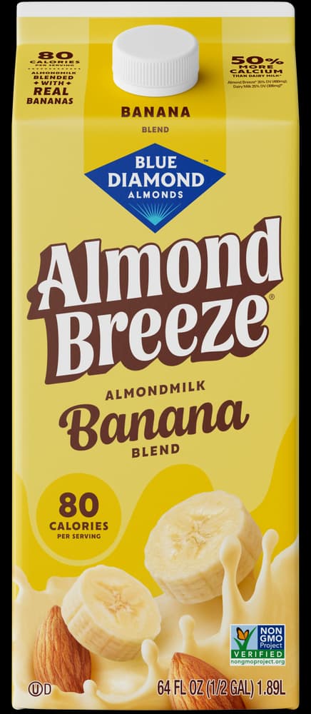 Carton of Blue Diamond Almond Breeze banana-flavored almondmilk.