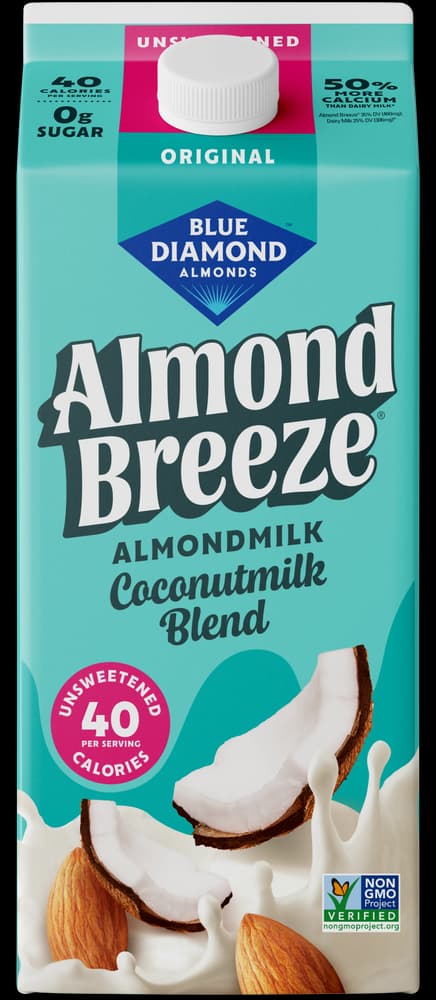 A carton of Blue Diamond Almond Breeze unsweetened almondmilk and coconutmilk blend with 40 calories per serving.