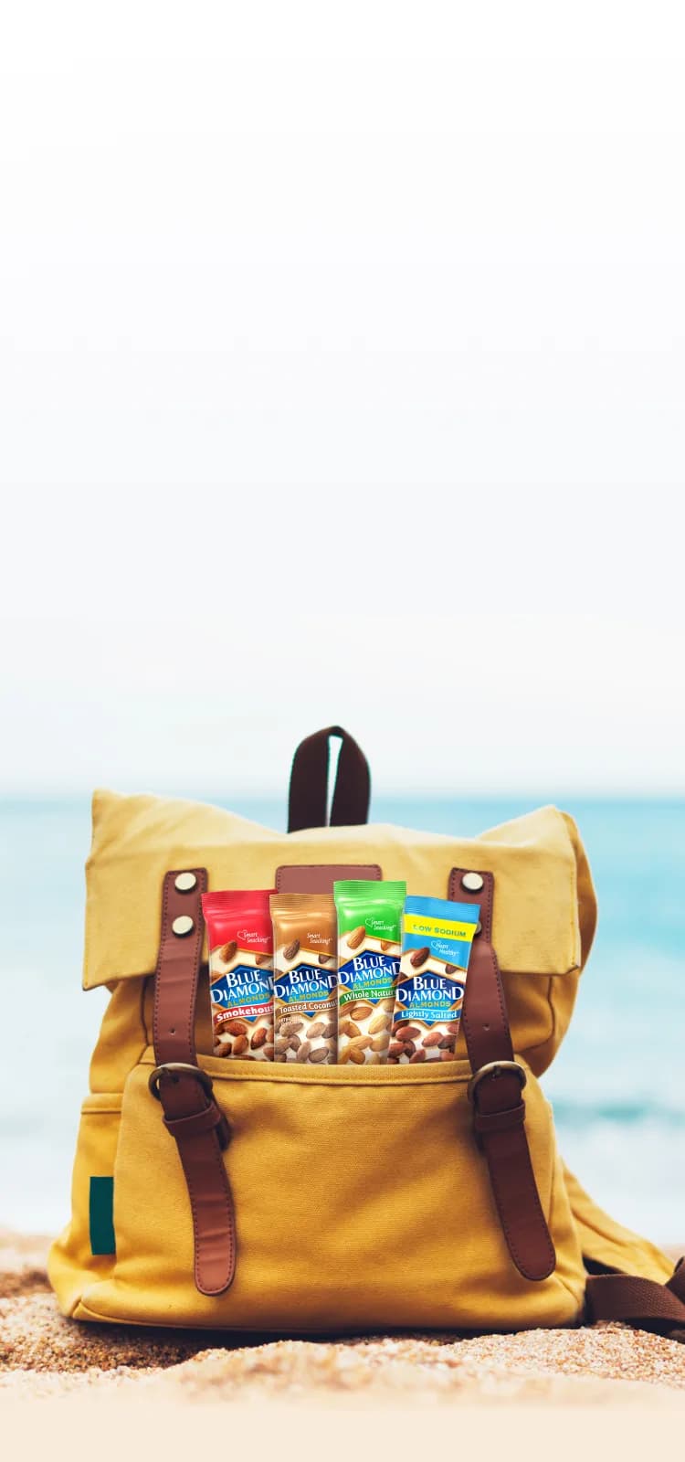 Backpack carrying a variety of Blue Diamond snack almonds