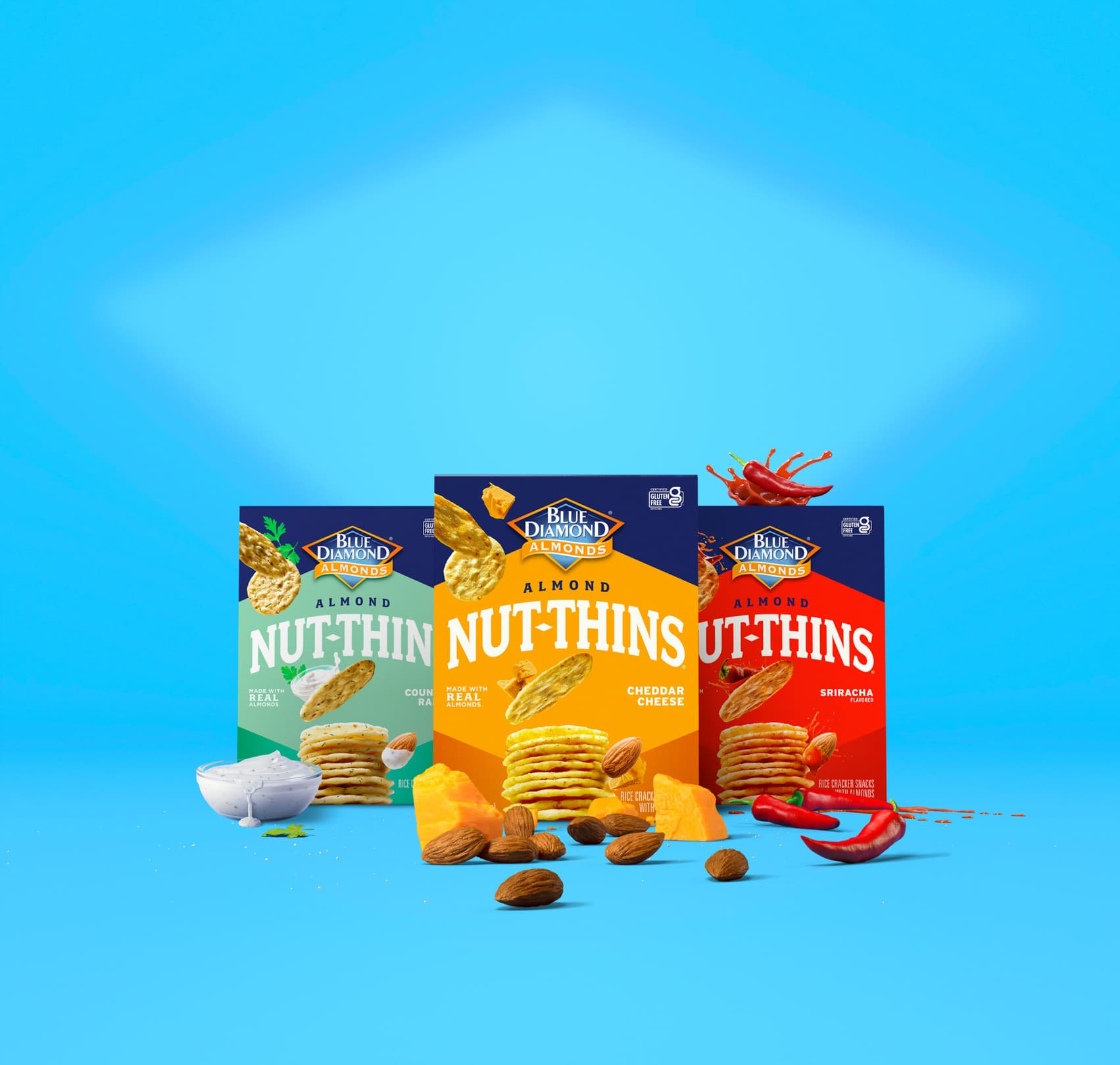 Boxes of Nut-Thins sitting on a blue background.