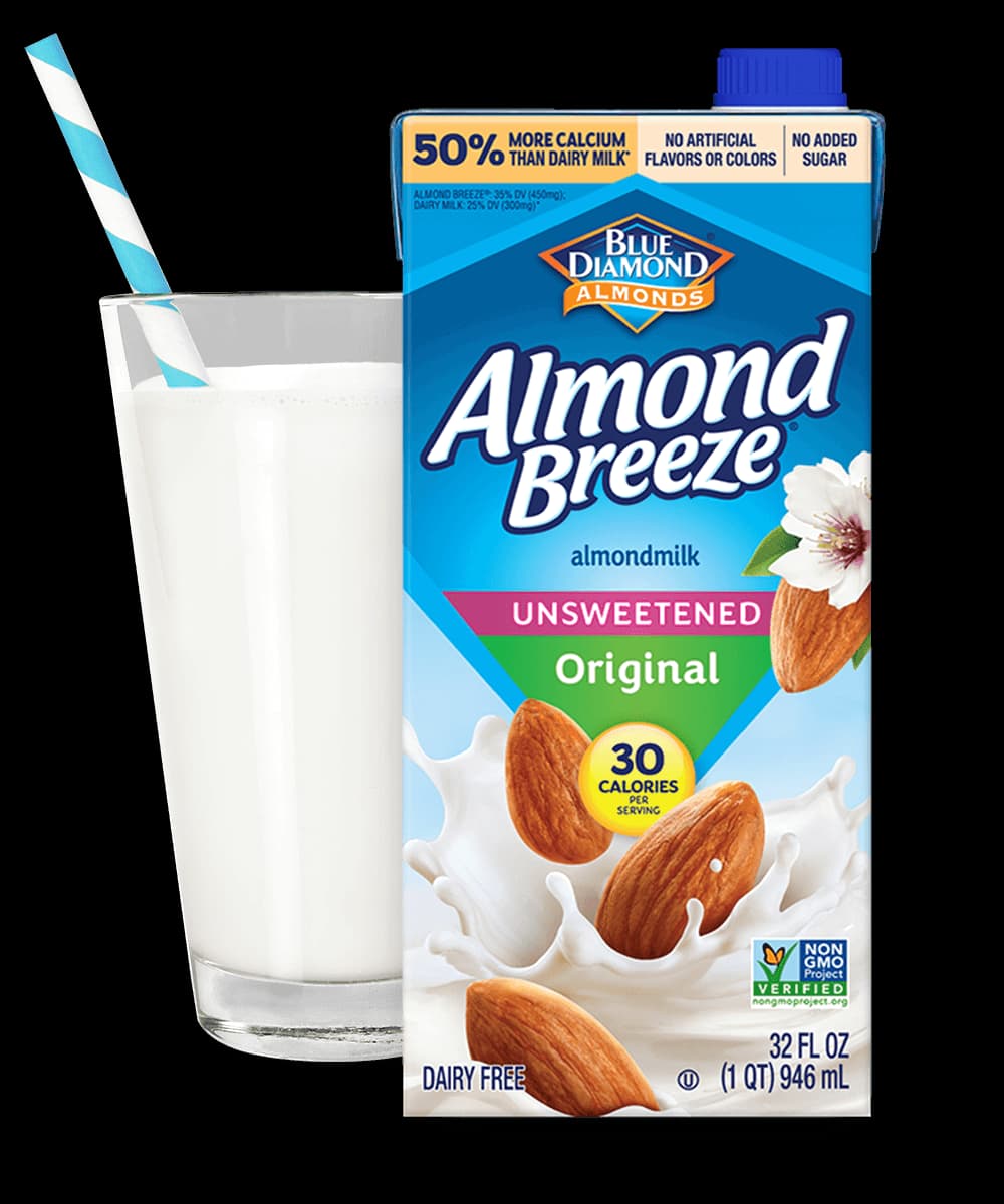 Full glass and carton of Original Almond Breeze Unsweetened Almondmilk