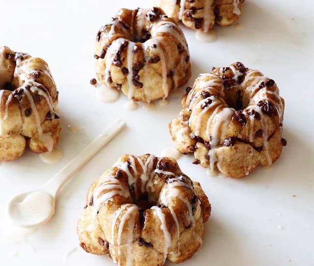 Chocolate chip monkey bread iced with dairy-free icing made with Almond Breeze Vanilla Almondmilk