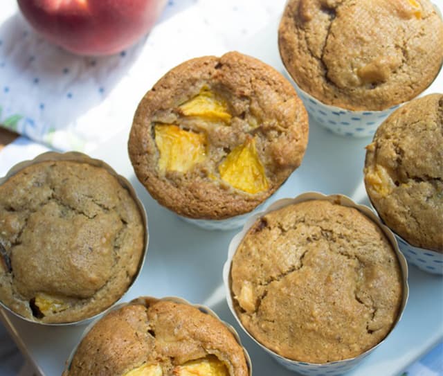 Tray of gluten-free, dairy-free peach muffins
