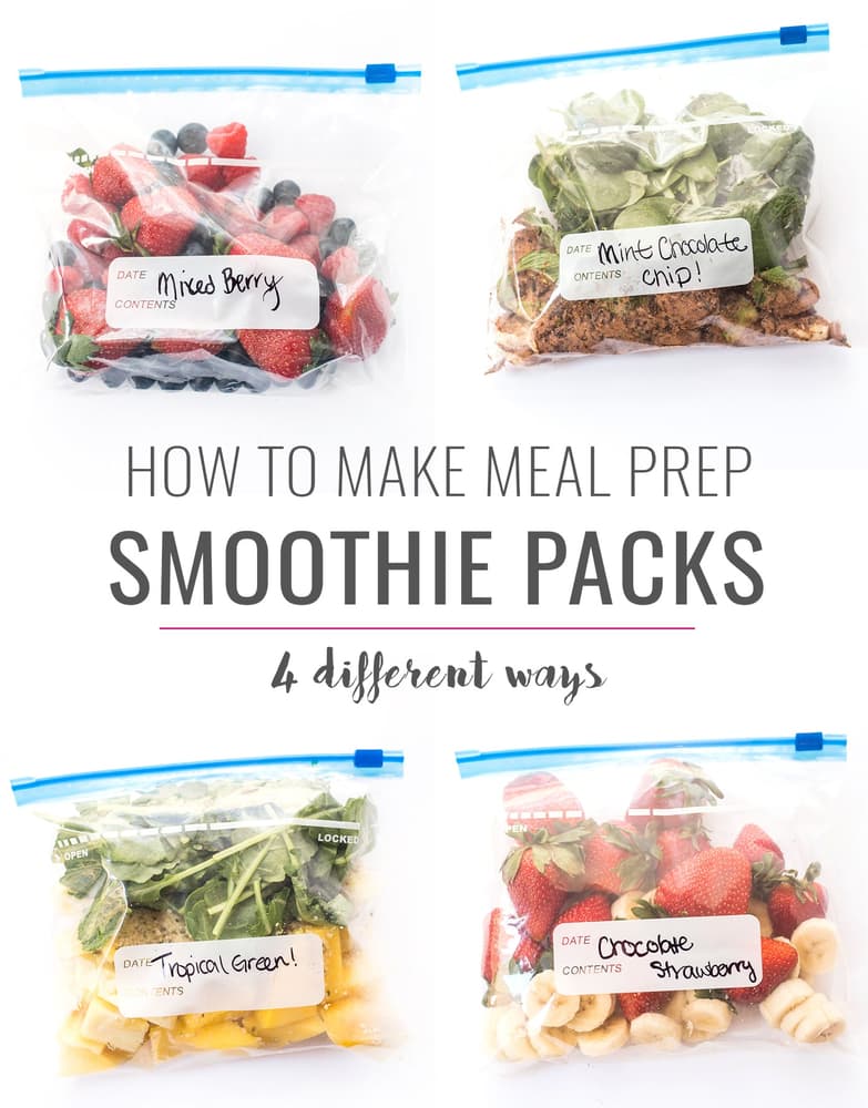Four bags full of different smoothie ingredients, text in center reads how to make meal prep smoothie packs 4 different ways