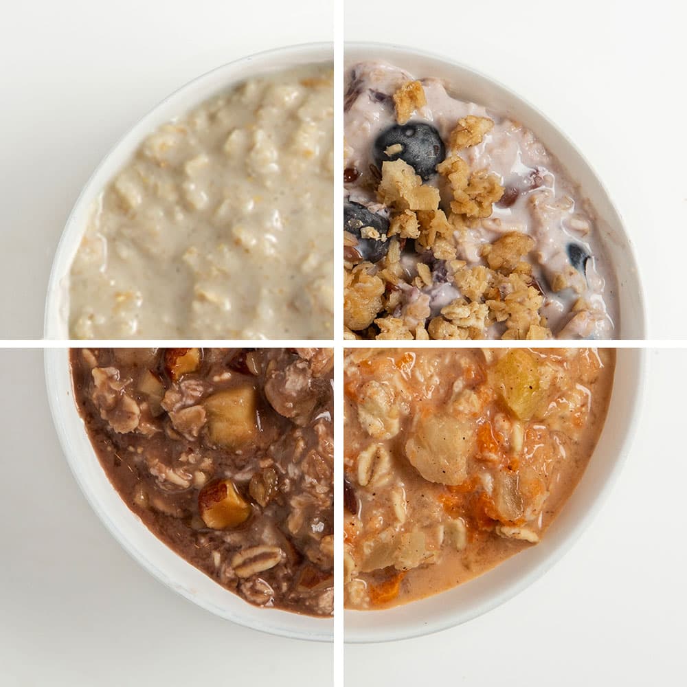 Bowl of Almond Breeze overnight oats 4 ways with each recipe occupying one fourth of the bowl