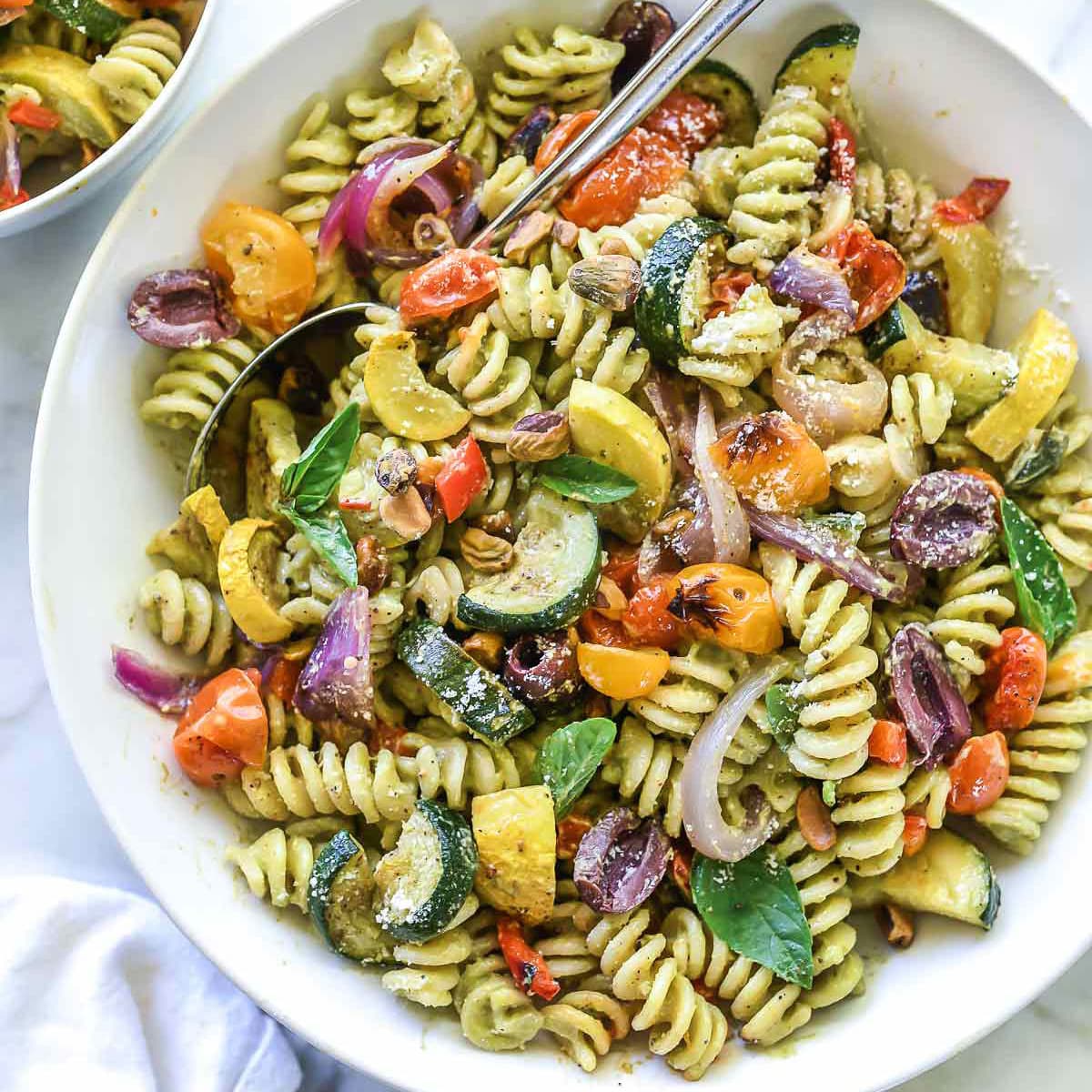 Creamy Avocado Pesto Pasta Salad with Roasted Vegetables crop