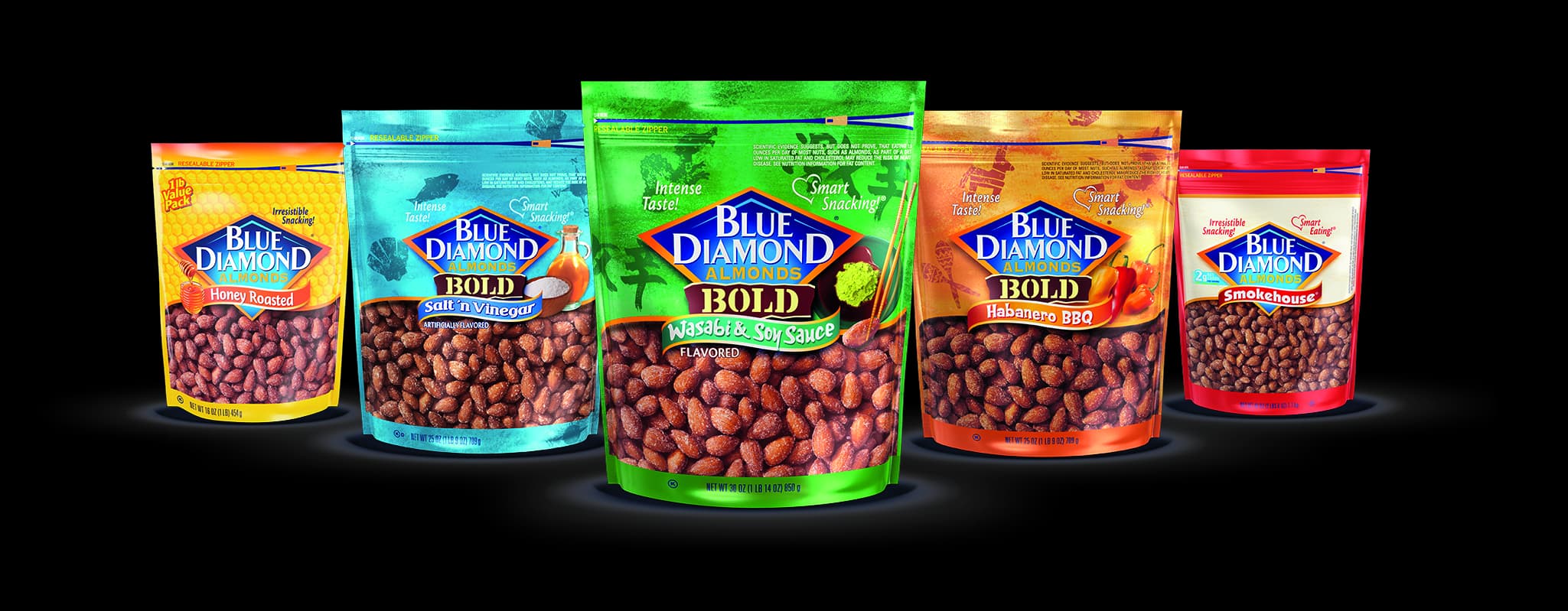 Bags of Blue Diamond Almonds® in Honey Roasted, Salt ‘n Vinegar, Wasabi & Soy Sauce, Habanero BBQ, and Smokehouse Flavors.