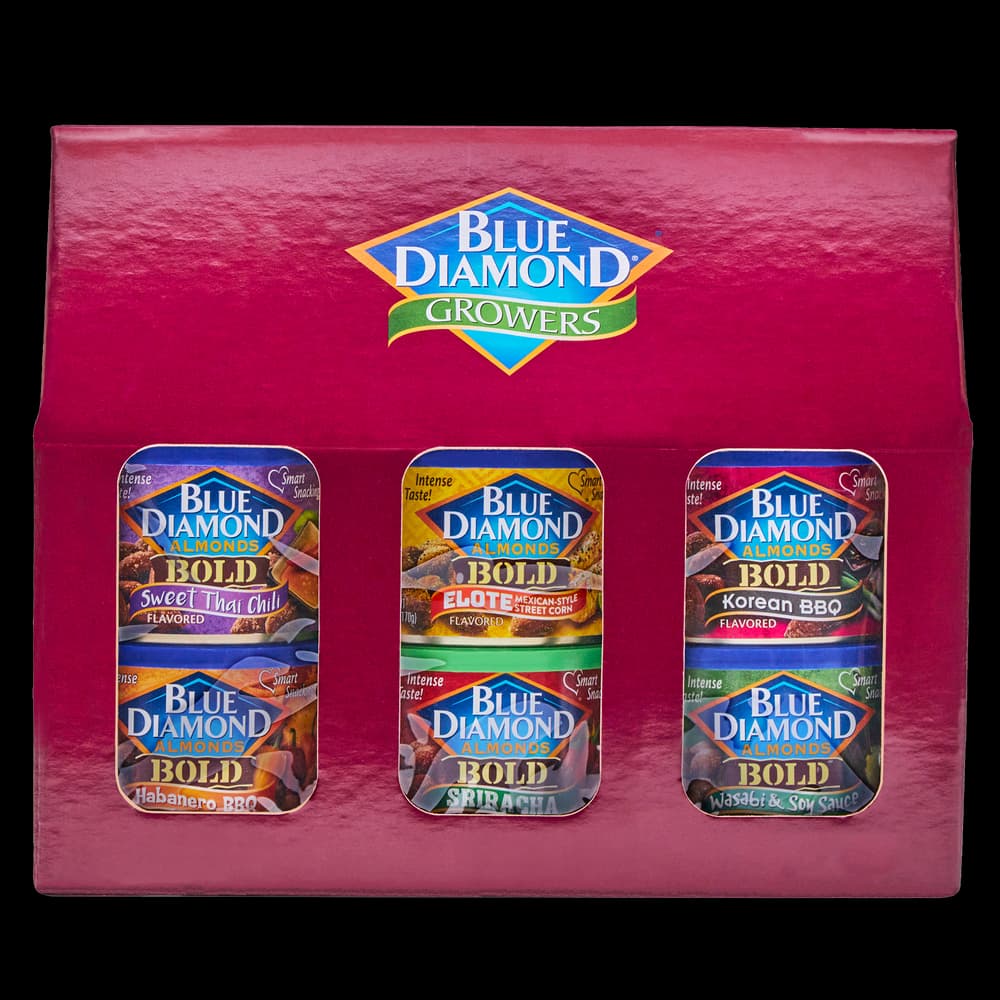 Bold Gable Box includes 6 cans of Blue Diamond Almonds. 