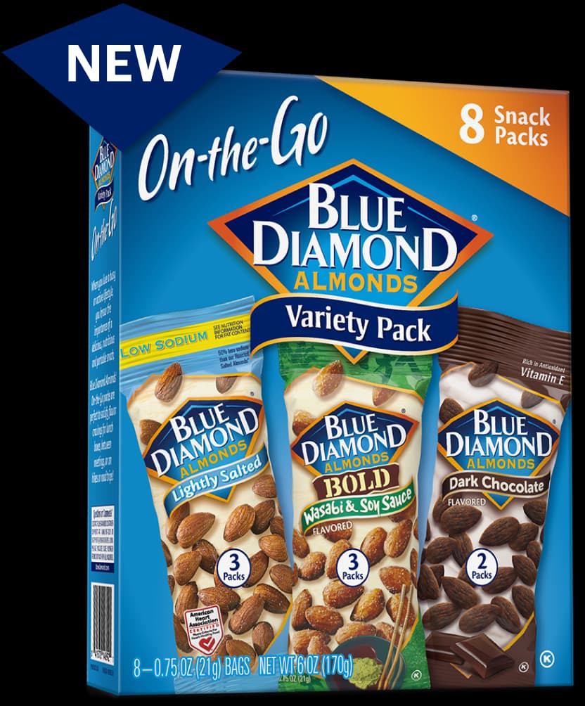 On-the-go. Blue Diamond Almonds Variety Pack.