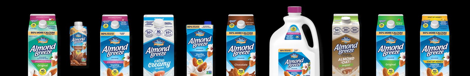 Lineup of various Almond Breeze(R) products in jugs, cartons, and bottles