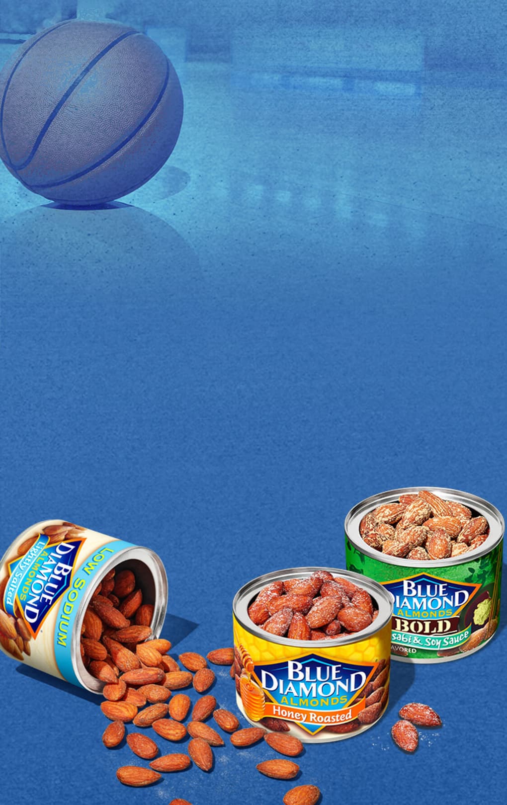 Assorted snack almonds on a basketball court