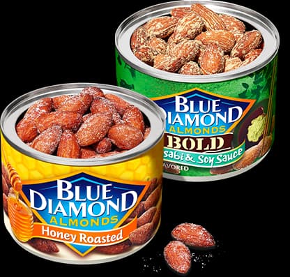 Open cans of snack almonds
