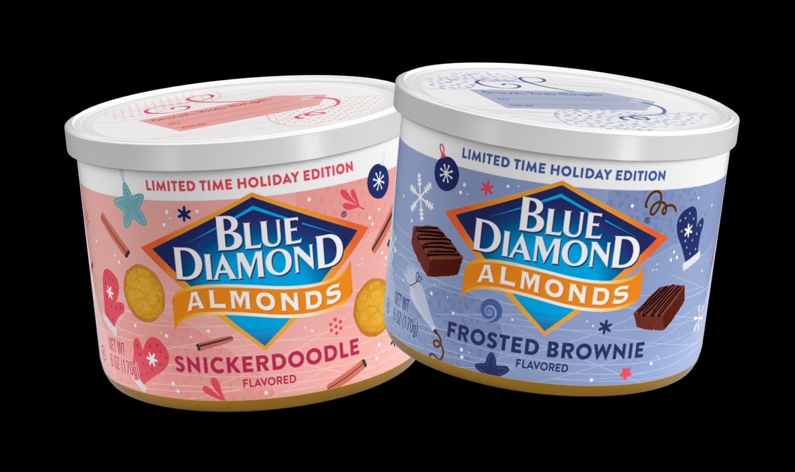 Snickerdoodle and frosted brownie almonds cans