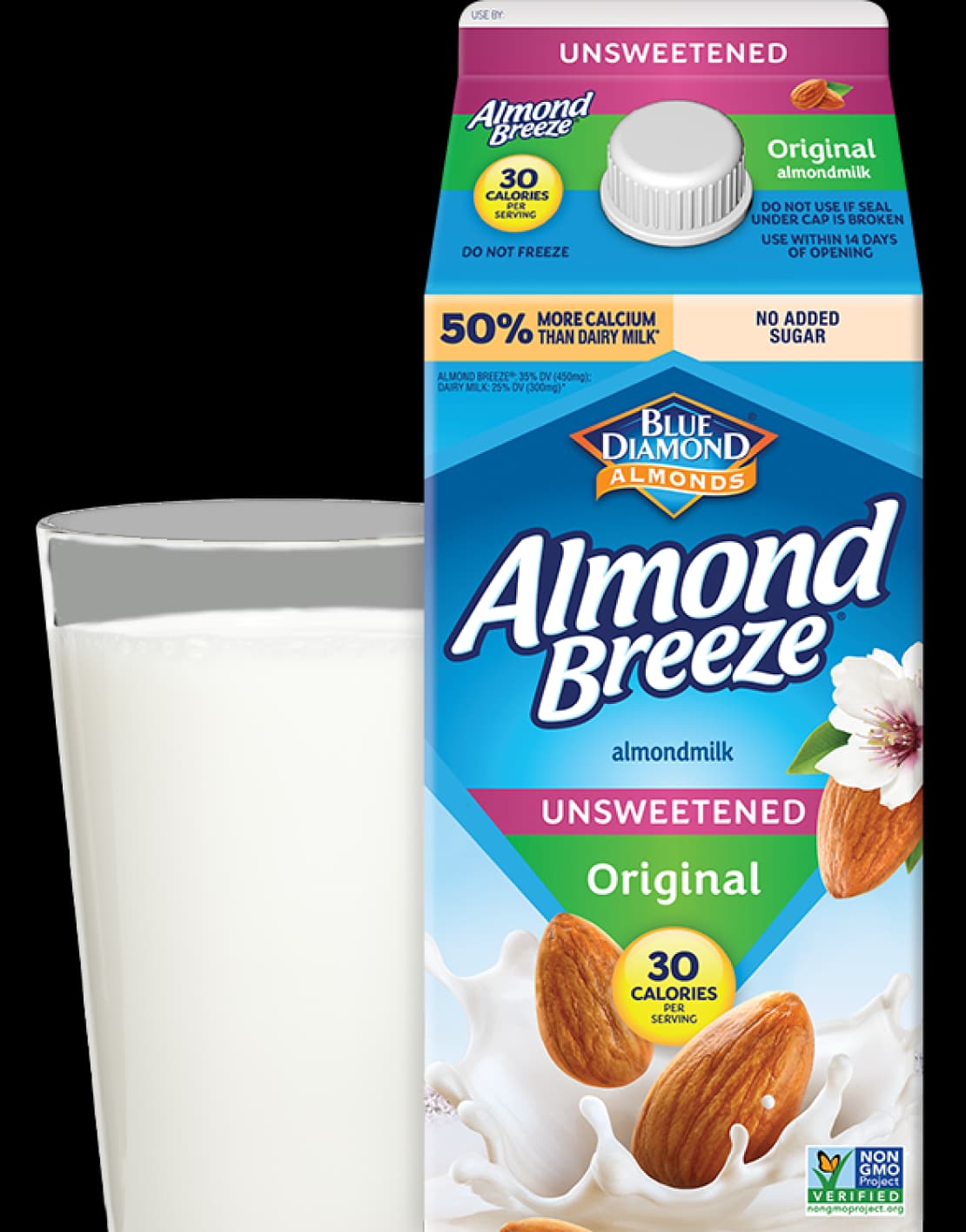 Almond Breeze Unsweetened Original almondmilk poured into a tall glass.