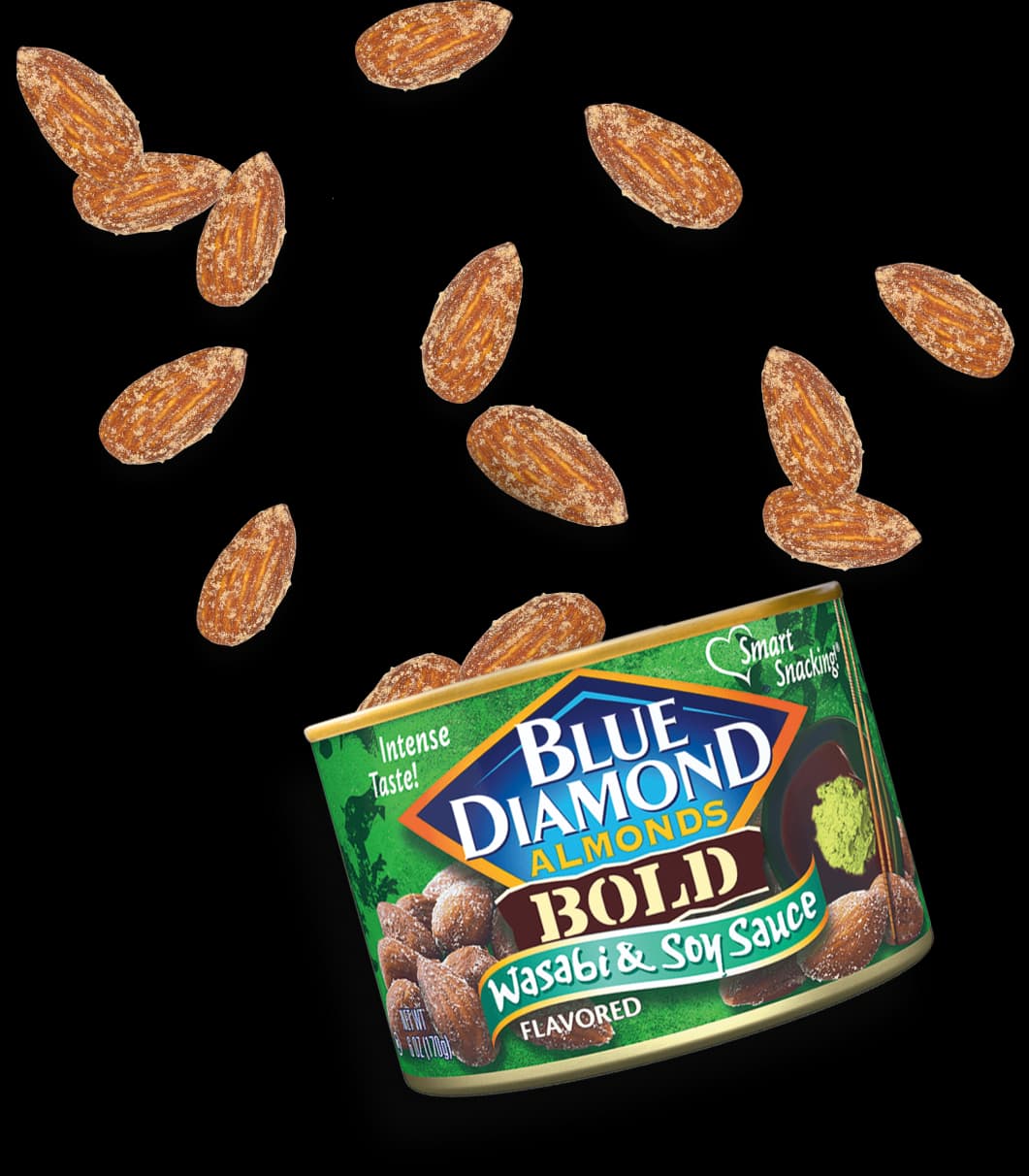 Blue Diamond Wasabi & Soy Sauce can with almonds floating out from inside of it.