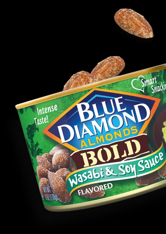 Blue Diamond Wasabi & Soy Sauce can with almonds floating out from inside of it.