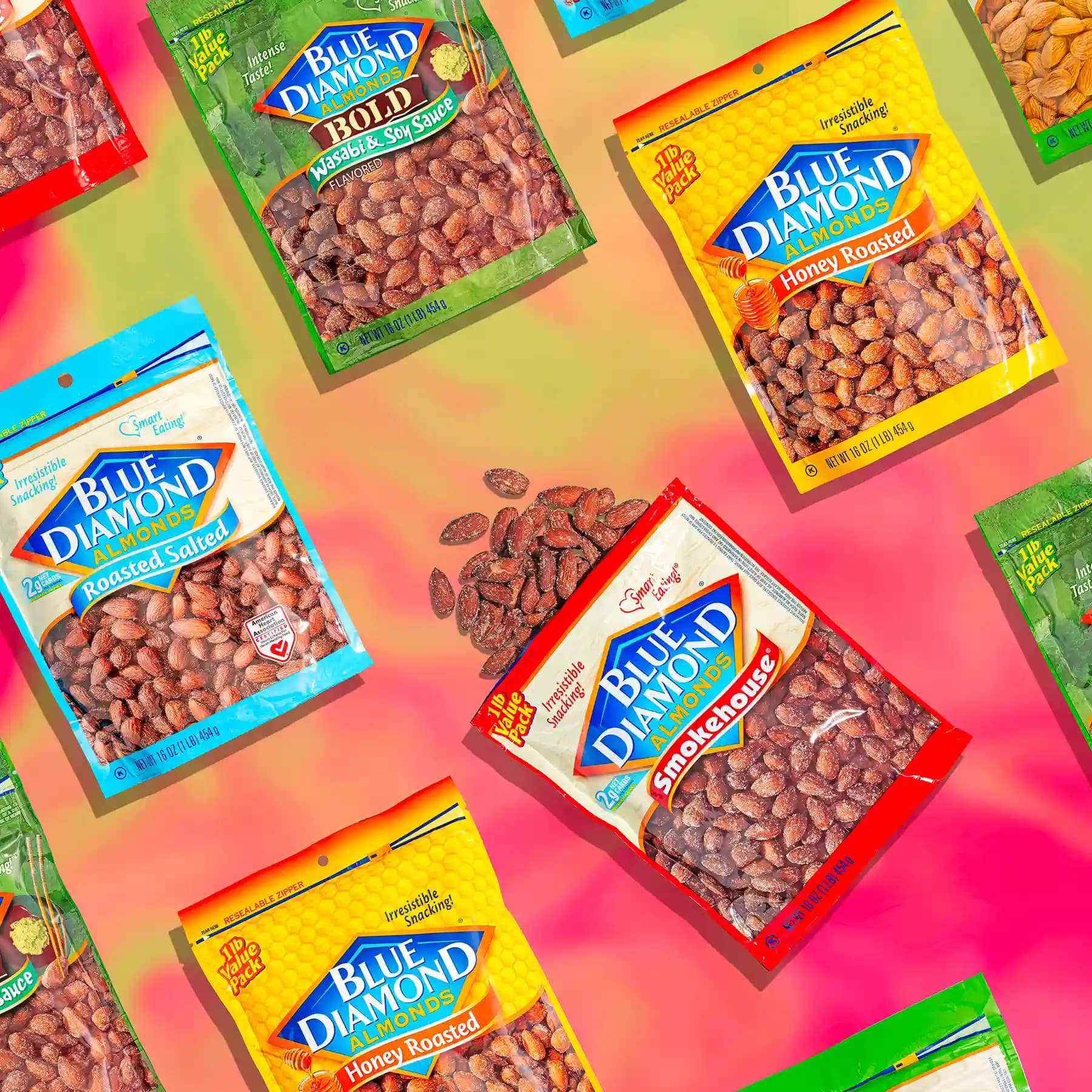 A variety display of Blue Diamond Snack Almond Flavors.