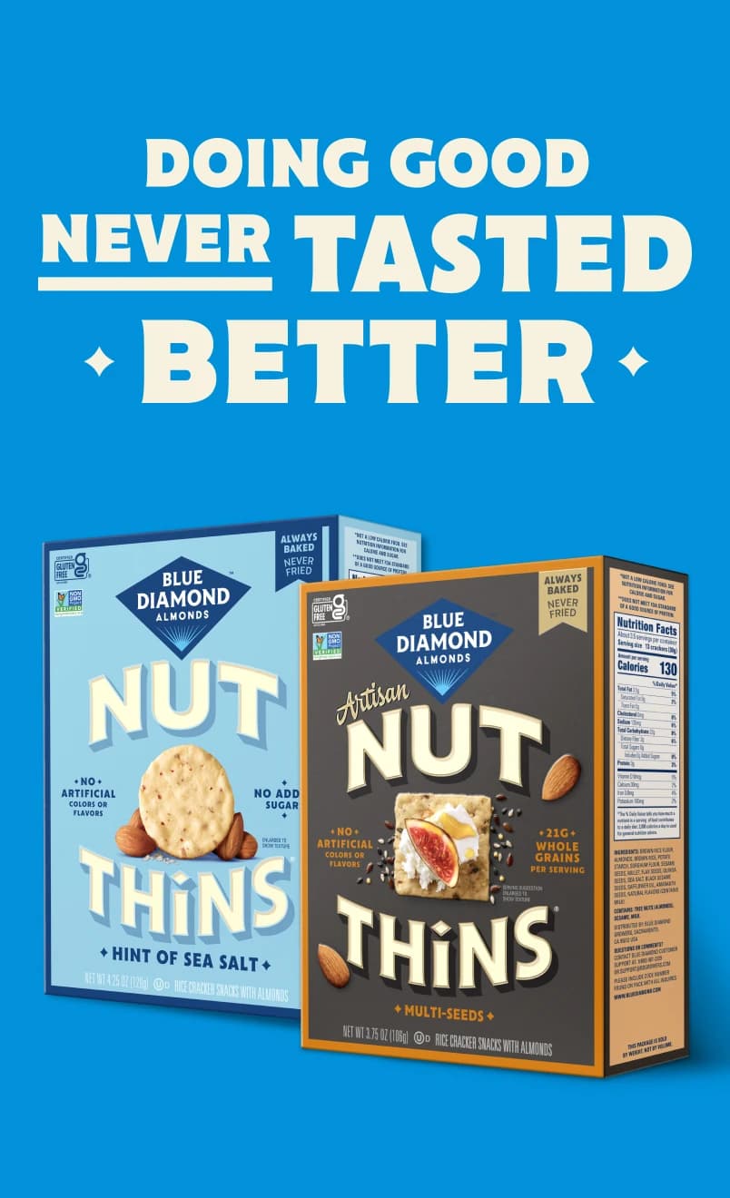 Two boxes of Blue Diamond Nut Thins crackers, Hint of Sea Salt and Multi-Seeds varieties, are shown against a blue background with the slogan Doing Good Never Tasted Better above.