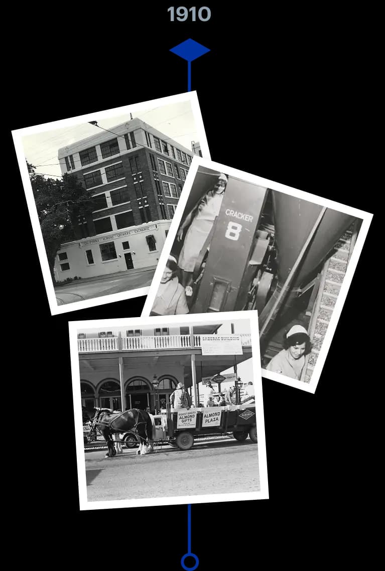Three black-and-white 1910s photos: a multi-story brick building, a close-up of machinery labeled CRACKER 8, and a horse-drawn wagon in front of a building labeled PLAZA..