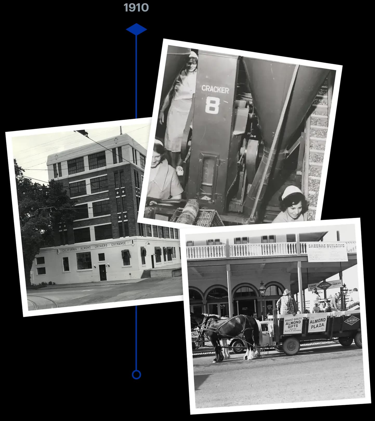 Three black-and-white photos from the 1910s: a multi-story building, people working near machinery labeled Cracker 8, and a horse-drawn delivery wagon outside a store.