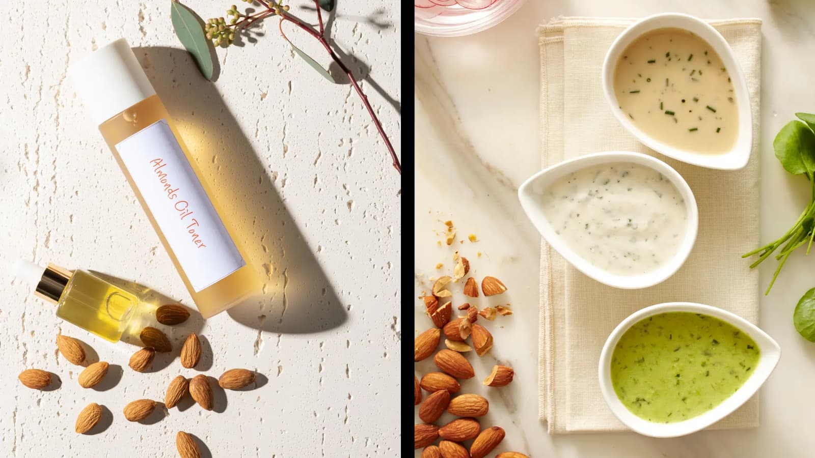 Split lifestyle image showing almond oil applications: on the left, bottles of almond oil toner and facial oil surrounded by whole almonds on a textured surface; on the right, three white dishes of creamy almond-based sauces with almonds and fresh herbs on a marble countertop.