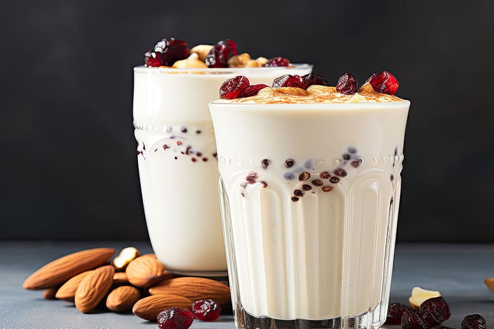 Two glasses of creamy yogurt topped with almonds, dried cranberries, and walnuts, with chia seeds mixed throughout, surrounded by whole almonds and dried cranberries on a dark tabletop.