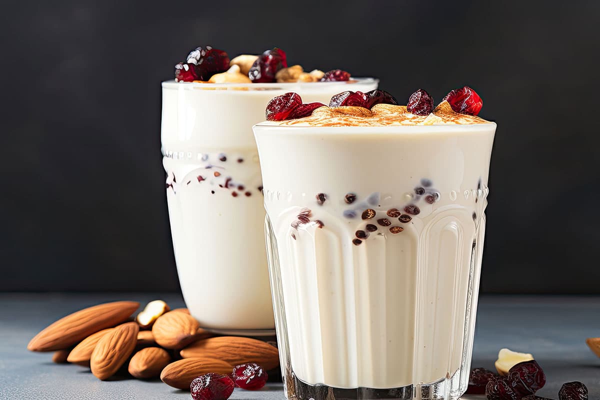 Two glasses of creamy yogurt topped with almonds, dried cranberries, and walnuts, with chia seeds mixed throughout, surrounded by whole almonds and dried cranberries on a dark tabletop.