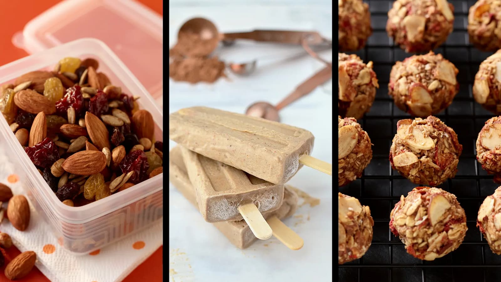 Three-panel collage featuring a trail mix snack container with almonds and dried fruit, creamy almond popsicles, and almond-coated energy bites on a cooling rack.
