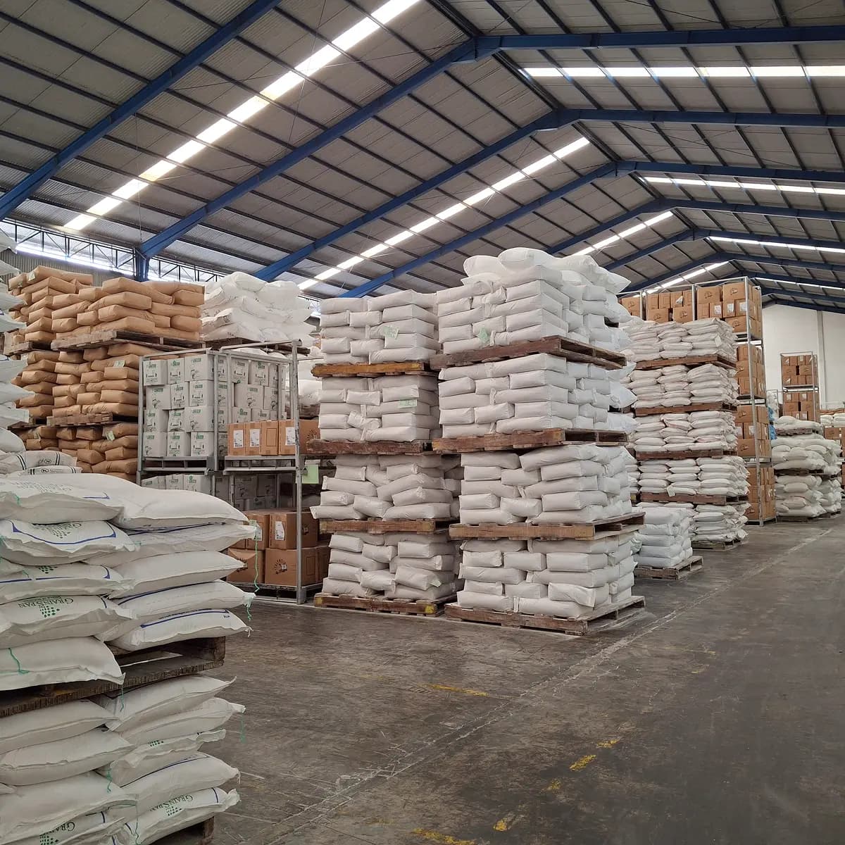 Warehouse with pallets of bagged food ingredients and boxed inventory stacked on shelving, ready for distribution.