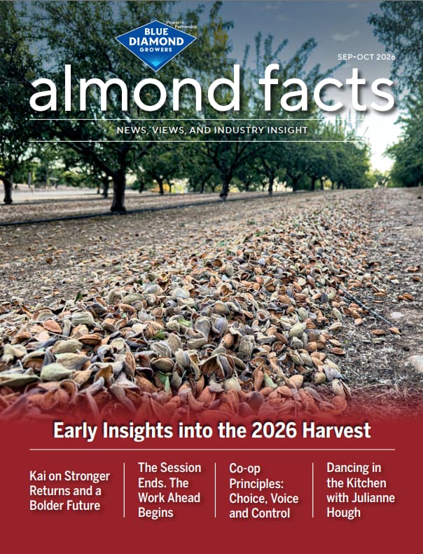 Almond Facts magazine cover for Sep-Oct 2026, featuring an almond orchard harvest and article titles including Early Insights into the 2026 Harvest.